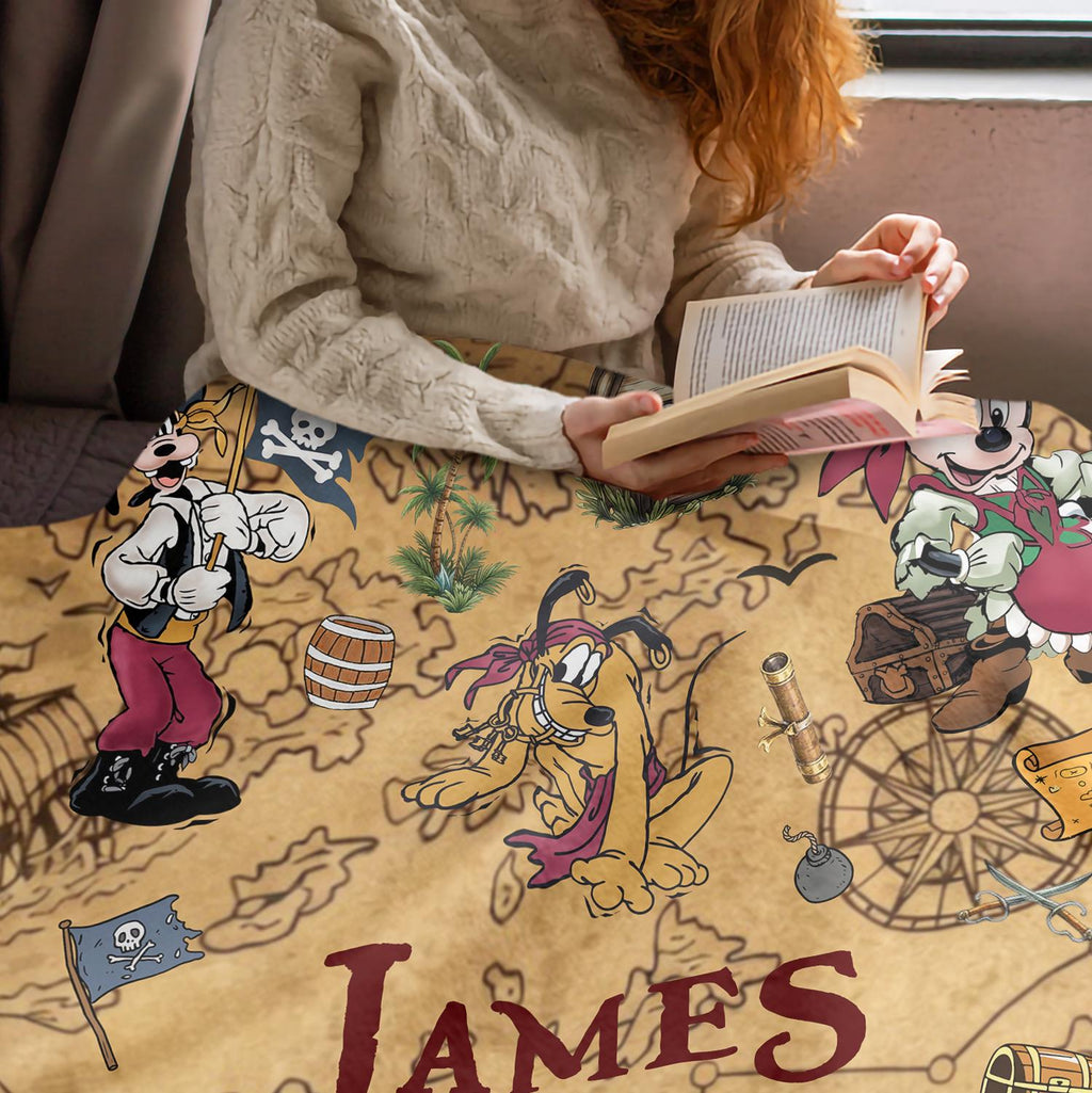 Custom Disney Pirate Blanket, Personalized Mickey Minnie Treasure Map Pirate Night Gift,Custom Name Fleece Blanket Kids Birthday Disney Trip