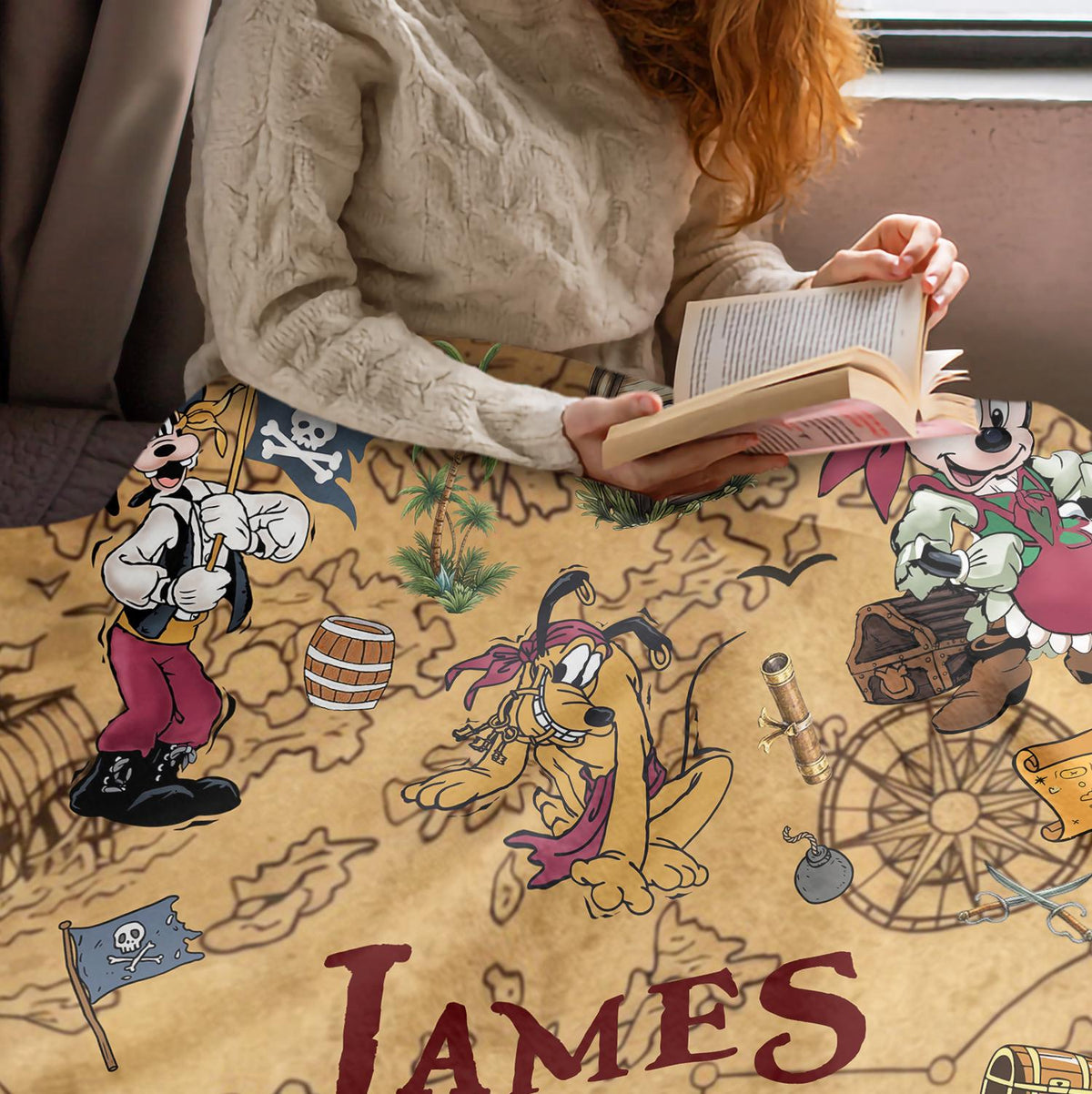 Custom Disney Pirate Blanket, Personalized Mickey Minnie Treasure Map Pirate Night Gift,Custom Name Fleece Blanket Kids Birthday Disney Trip