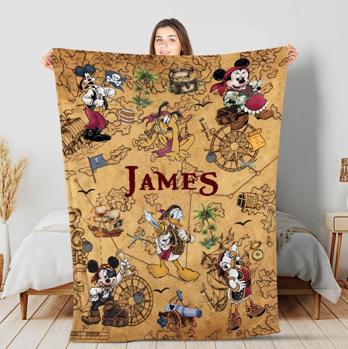Custom Disney Pirate Blanket, Personalized Mickey Minnie Treasure Map Pirate Night Gift,Custom Name Fleece Blanket Kids Birthday Disney Trip