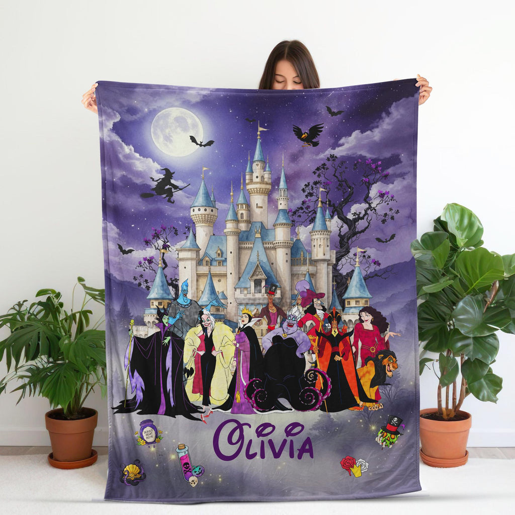Personalized Disney Villains Blanket, Custom Name Halloween Blanket Cozy Fleece Throw Maleficent Ursula Cruella Evil Queen Gift Kids Adult
