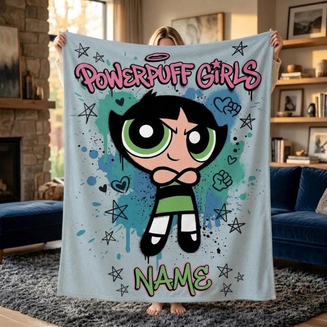Custom Name Powerpuff Girls Blanket, Buttercup Punk Grunge Cartoon Throw, Personalized Cool Girl Blanket, Kids Birthday Gift, Bedroom Decor