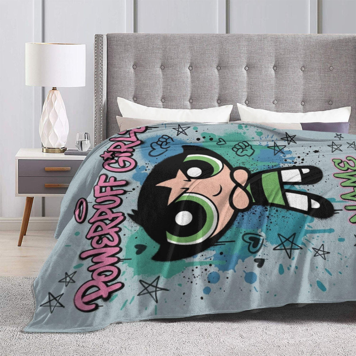 Custom Name Powerpuff Girls Blanket, Buttercup Punk Grunge Cartoon Throw, Personalized Cool Girl Blanket, Kids Birthday Gift, Bedroom Decor