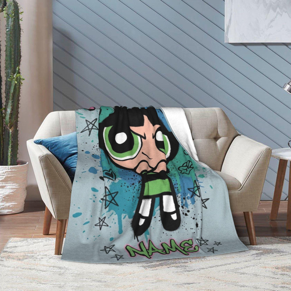Custom Name Powerpuff Girls Blanket, Buttercup Punk Grunge Cartoon Throw, Personalized Cool Girl Blanket, Kids Birthday Gift, Bedroom Decor
