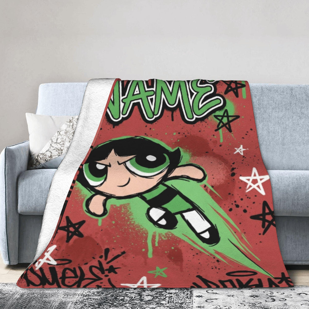 Personalized Powerpuff Girls Blanket, Custom Name Buttercup Red Graffiti Throw, Girls Cartoon Blanket, Kids Birthday Gift, Bedroom Decor