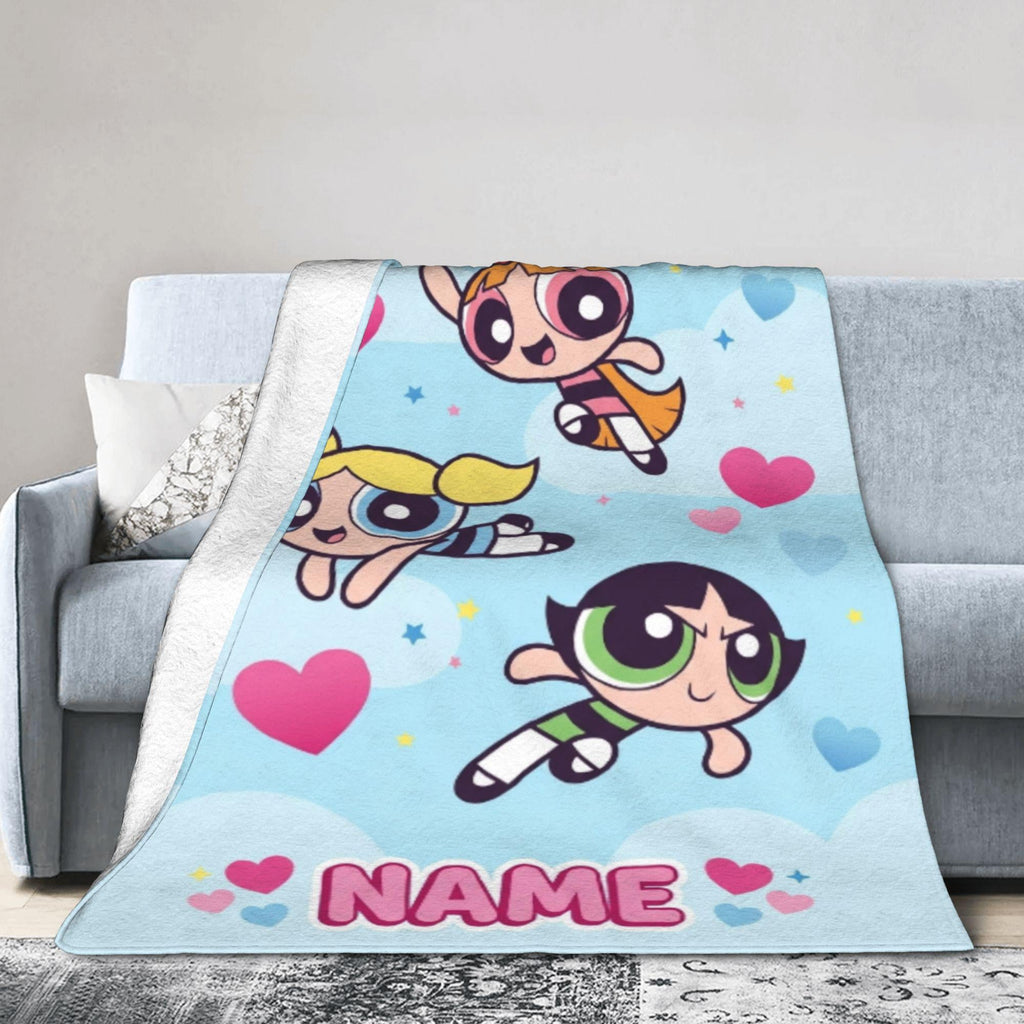 Personalized Powerpuff Girls Sky Blanket, Custom Name Heart Cloud Throw, Cute Blossom Bubbles Buttercup Fleece, Girls Room Decor