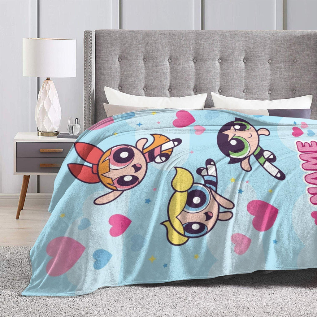 Personalized Powerpuff Girls Sky Blanket, Custom Name Heart Cloud Throw, Cute Blossom Bubbles Buttercup Fleece, Girls Room Decor