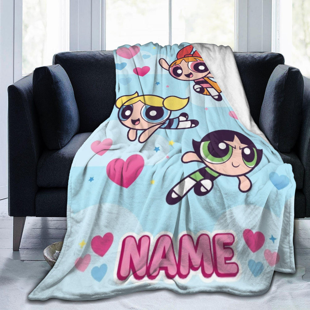 Personalized Powerpuff Girls Sky Blanket, Custom Name Heart Cloud Throw, Cute Blossom Bubbles Buttercup Fleece, Girls Room Decor