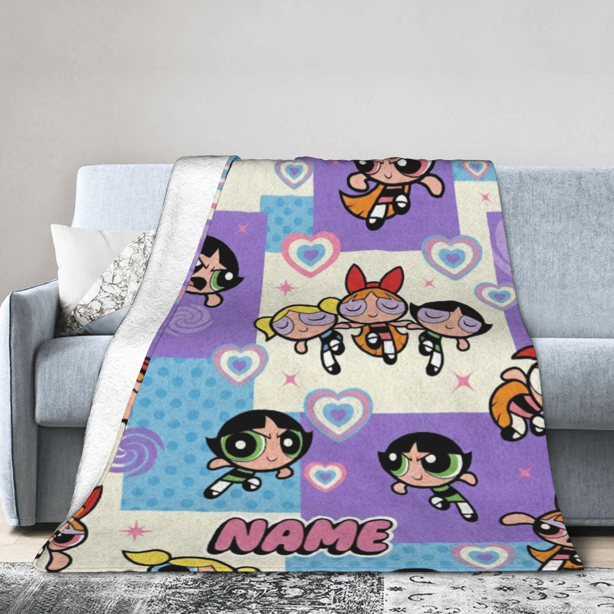 Cozy Powerpuff Girls Pattern Blanket, Custom Name Y2K Purple Flannel Throw, Blossom Bubbles Buttercup Decor, Birthday Gift For Girls