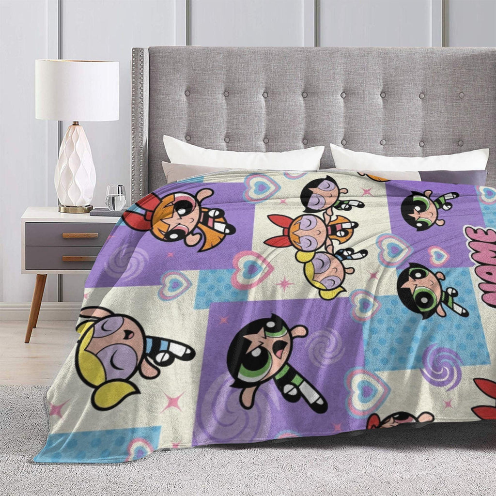 Cozy Powerpuff Girls Pattern Blanket, Custom Name Y2K Purple Flannel Throw, Blossom Bubbles Buttercup Decor, Birthday Gift For Girls