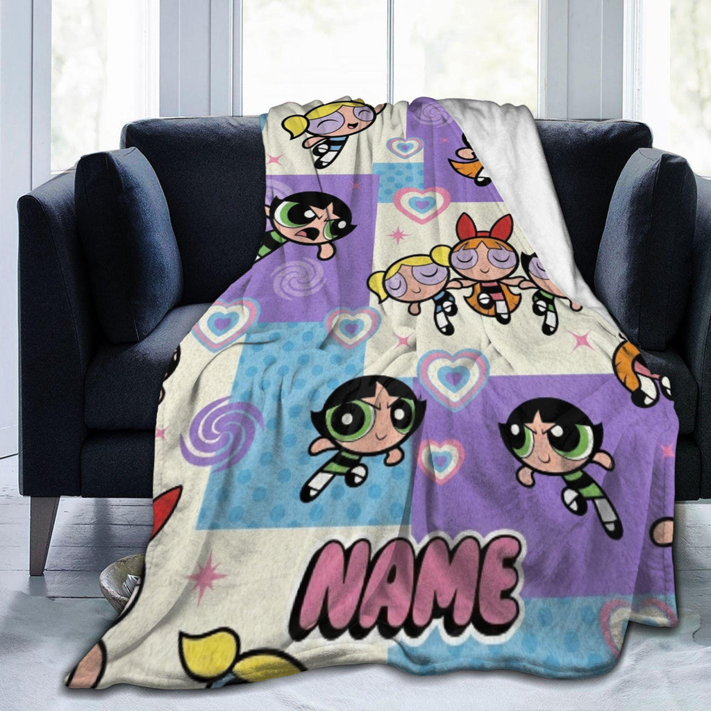 Cozy Powerpuff Girls Pattern Blanket, Custom Name Y2K Purple Flannel Throw, Blossom Bubbles Buttercup Decor, Birthday Gift For Girls