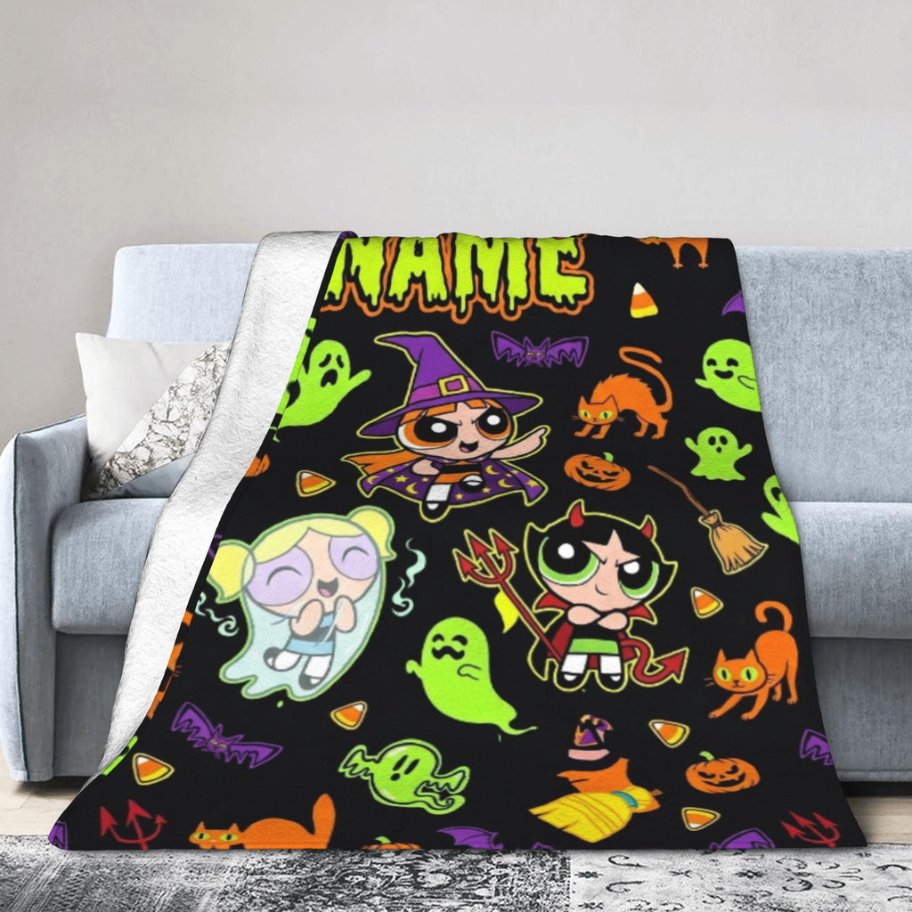 Spooky Custom Powerpuff Girls Halloween Blanket, Personalized Witch Ghost Devil Throw, Cute Spooky Blanket, Kids Holiday Decor