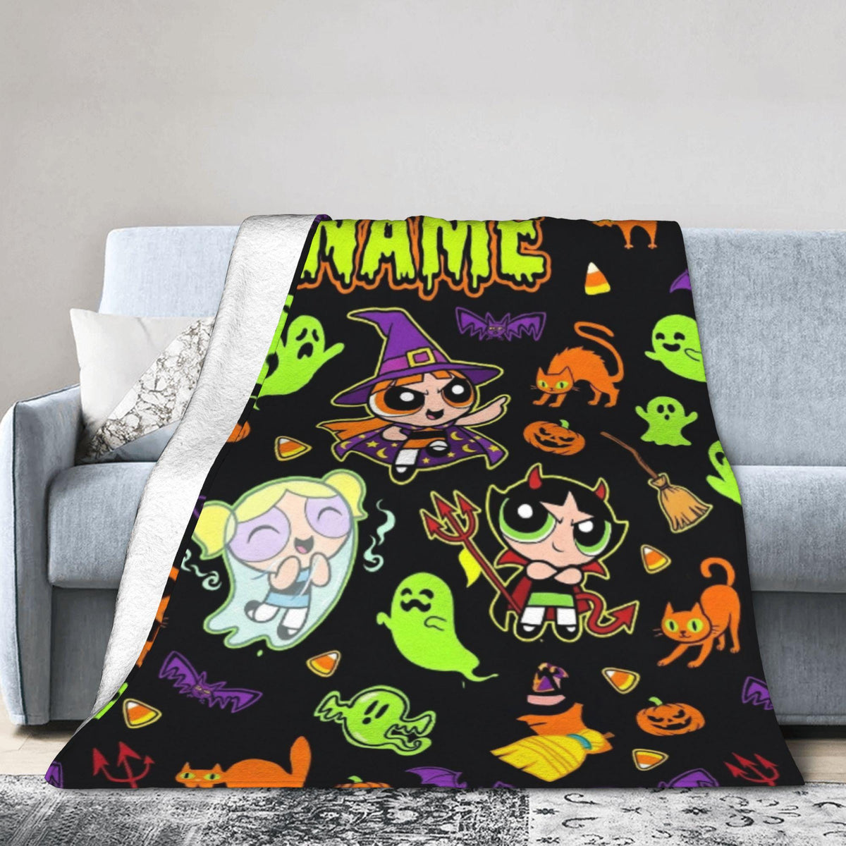 Spooky Custom Powerpuff Girls Halloween Blanket, Personalized Witch Ghost Devil Throw, Cute Spooky Blanket, Kids Holiday Decor