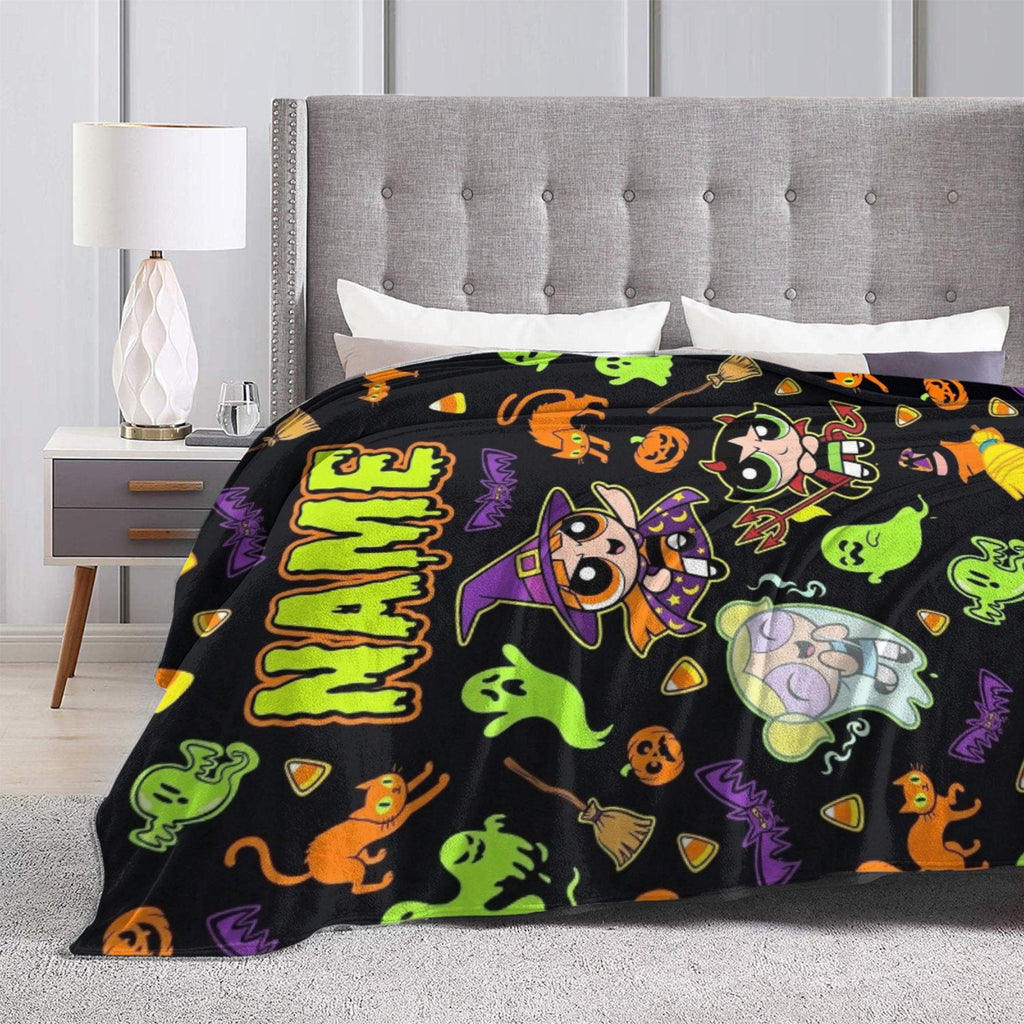 Spooky Custom Powerpuff Girls Halloween Blanket, Personalized Witch Ghost Devil Throw, Cute Spooky Blanket, Kids Holiday Decor