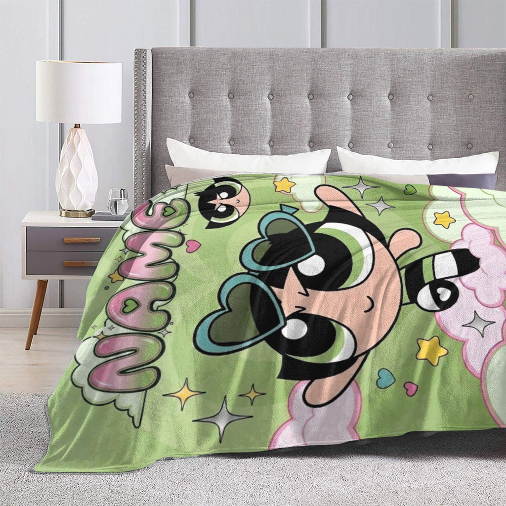 Personalized Buttercup Blanket, Custom Name Y2K Green Heart Sunglasses Throw, Cool Powerpuff Girls Fleece, Trendy Girls Room Decor