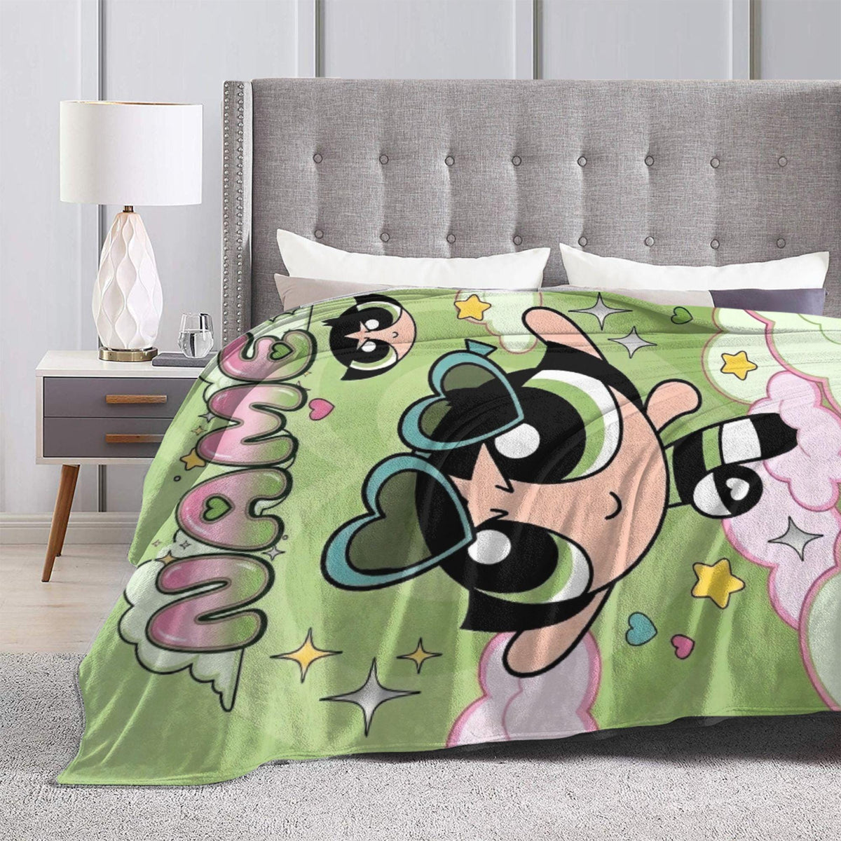 Personalized Buttercup Blanket, Custom Name Y2K Green Heart Sunglasses Throw, Cool Powerpuff Girls Fleece, Trendy Girls Room Decor