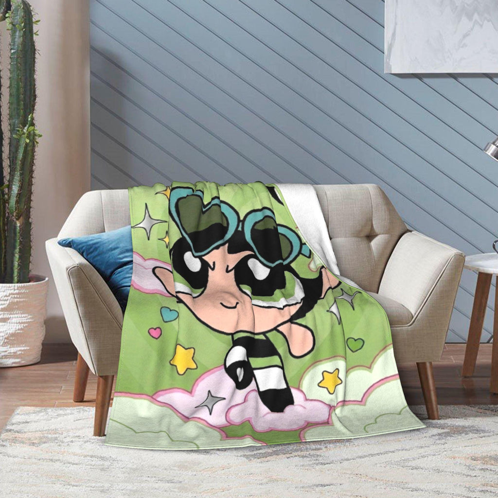Personalized Buttercup Blanket, Custom Name Y2K Green Heart Sunglasses Throw, Cool Powerpuff Girls Fleece, Trendy Girls Room Decor