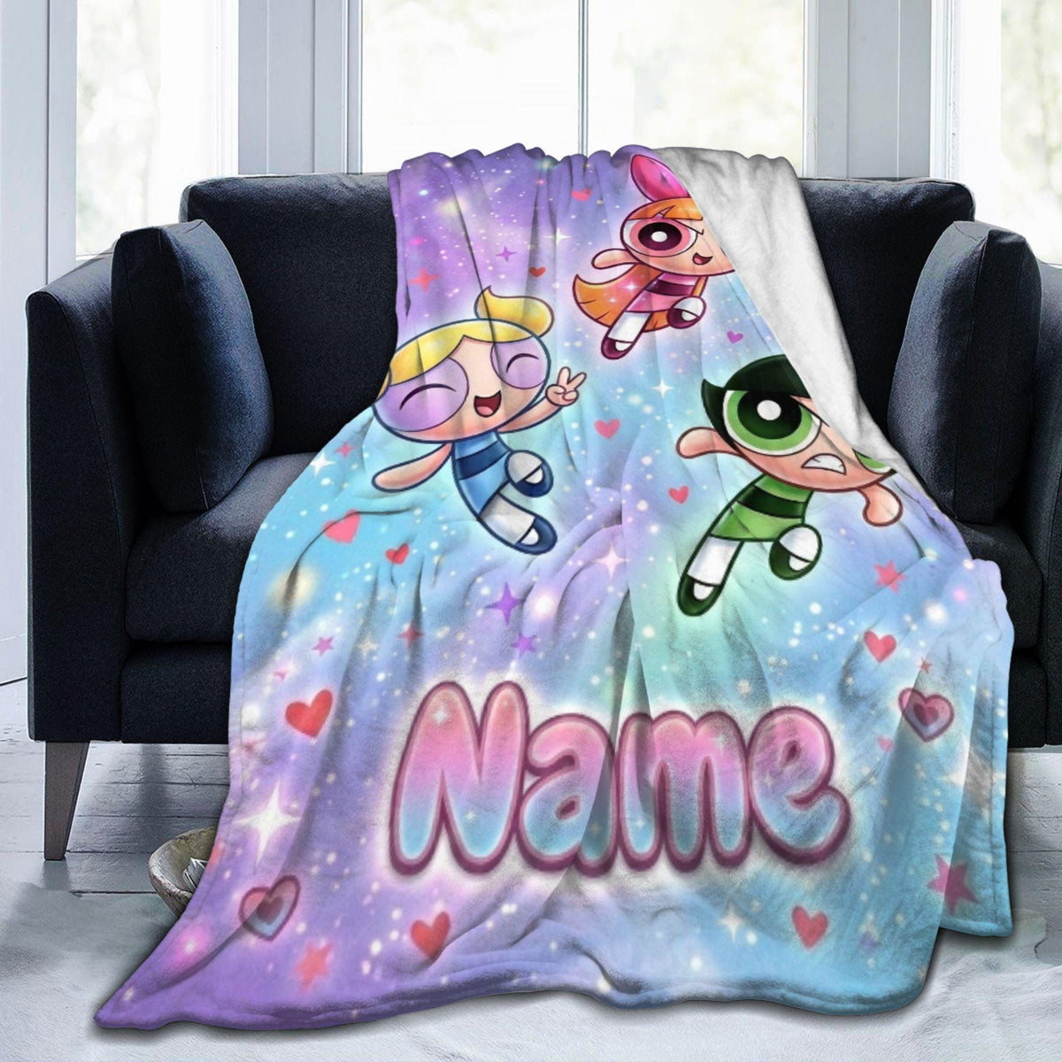 Magical Powerpuff Girls Galaxy Blanket, Custom Name Sparkly Hearts Throw, Blossom Bubbles Buttercup Fleece, Cute Girls Bedroom Decor