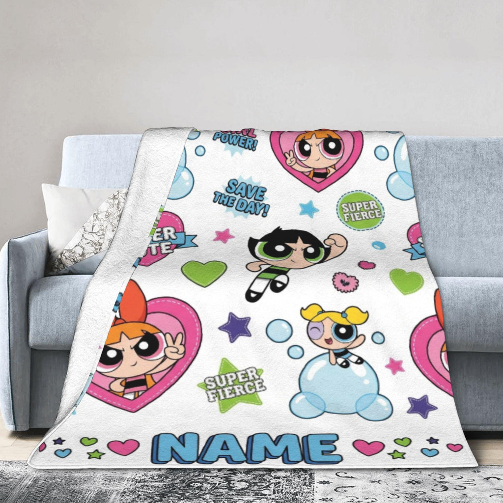 Girl Power Custom Powerpuff Girls Blanket, Personalized Girl Power Badge Throw, Blossom Bubbles Buttercup Blanket, Cute Kids Room Decor