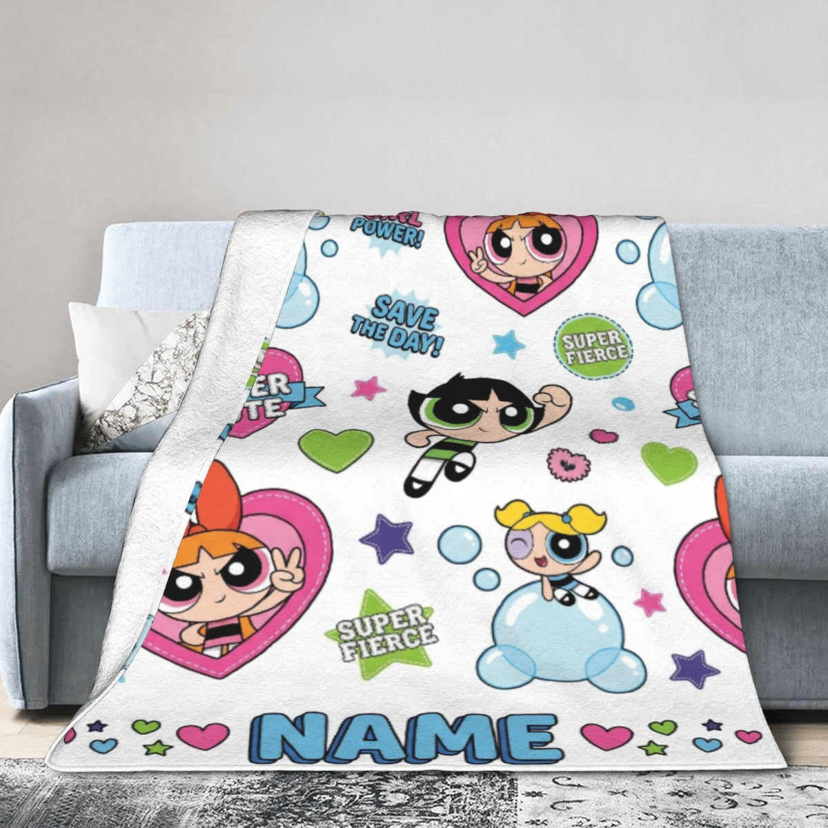 Girl Power Custom Powerpuff Girls Blanket, Personalized Girl Power Badge Throw, Blossom Bubbles Buttercup Blanket, Cute Kids Room Decor