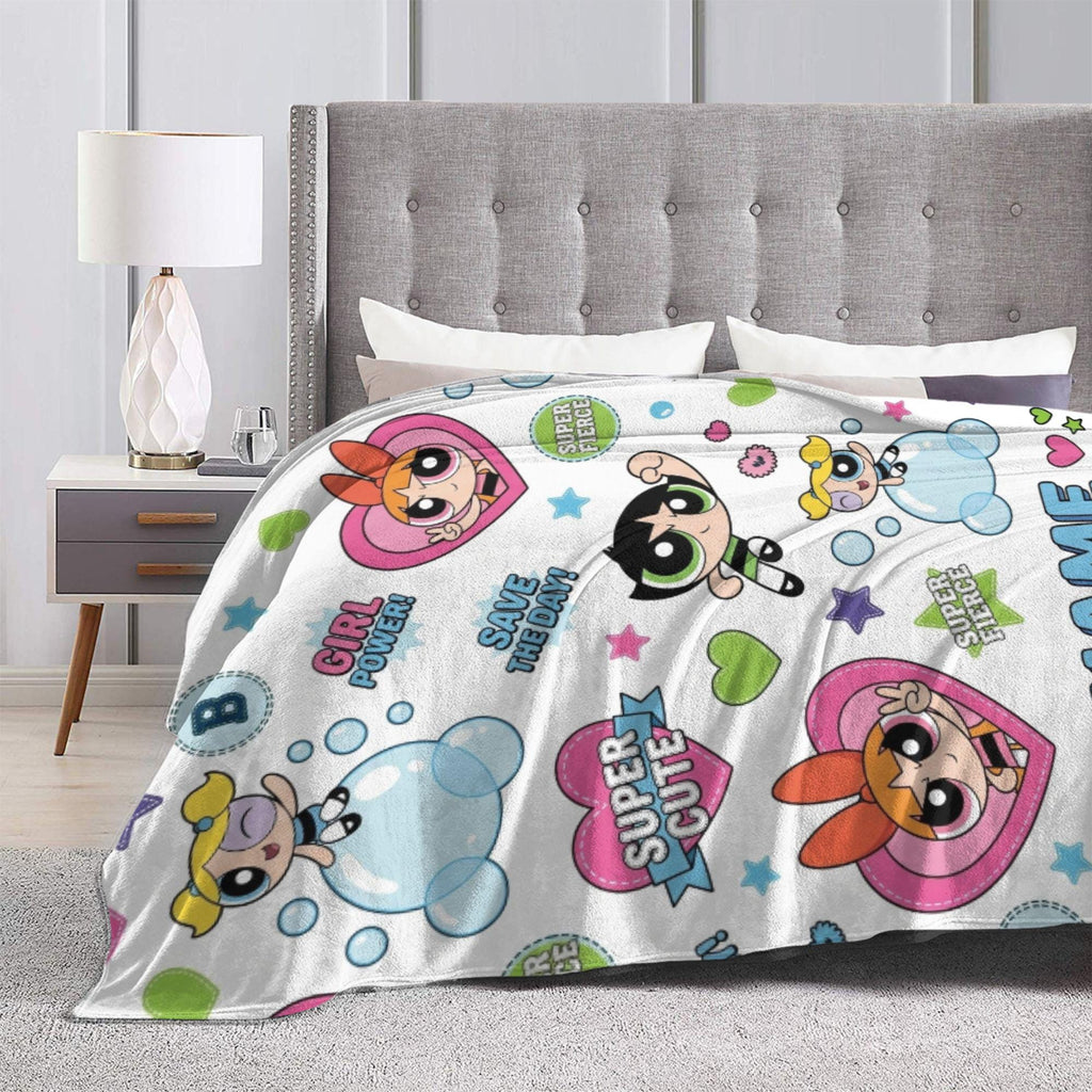 Girl Power Custom Powerpuff Girls Blanket, Personalized Girl Power Badge Throw, Blossom Bubbles Buttercup Blanket, Cute Kids Room Decor