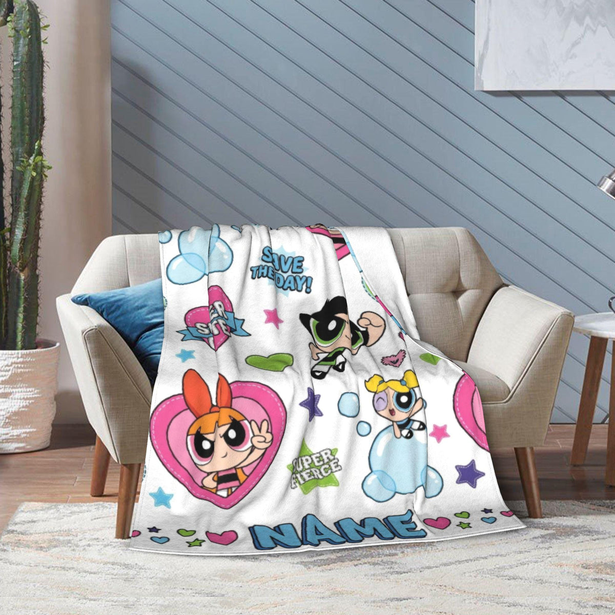 Girl Power Custom Powerpuff Girls Blanket, Personalized Girl Power Badge Throw, Blossom Bubbles Buttercup Blanket, Cute Kids Room Decor