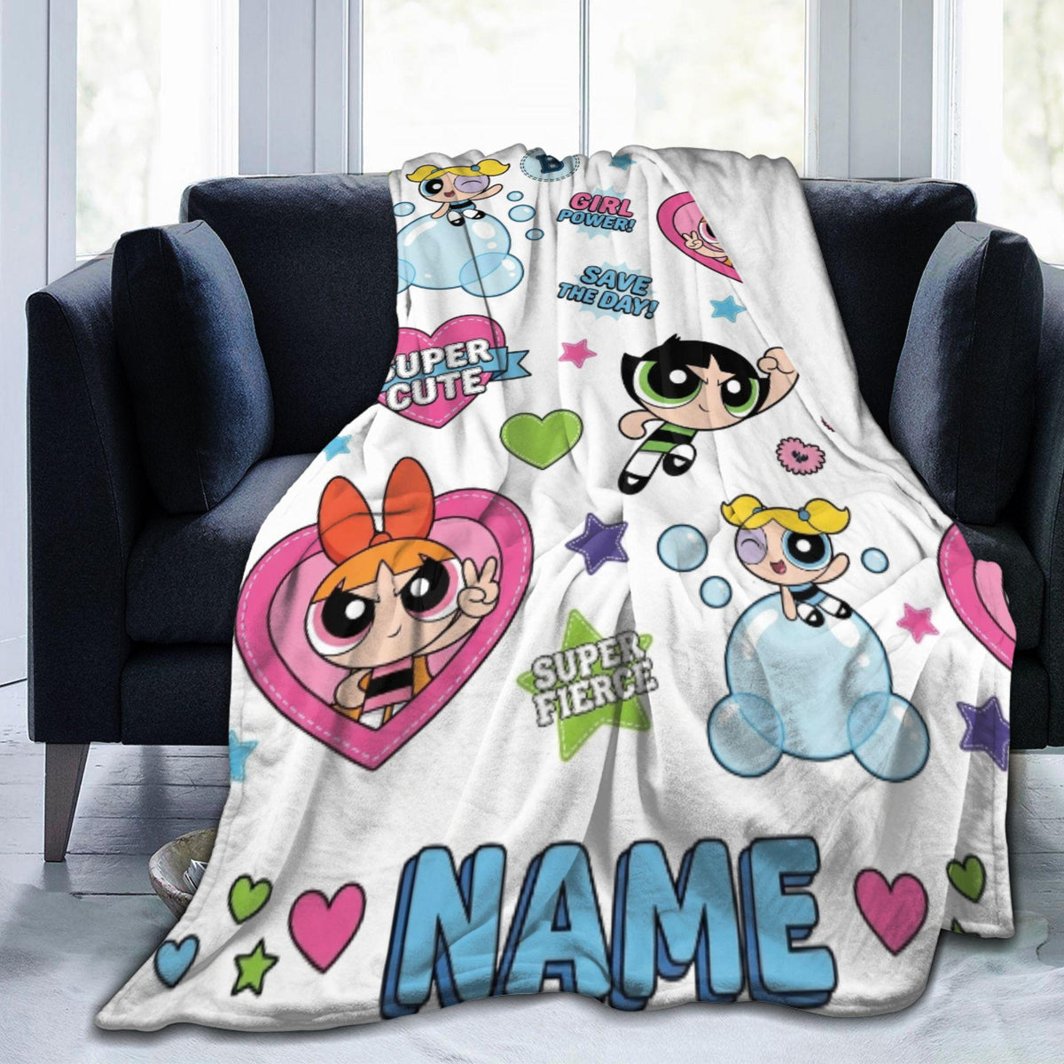 Girl Power Custom Powerpuff Girls Blanket, Personalized Girl Power Badge Throw, Blossom Bubbles Buttercup Blanket, Cute Kids Room Decor