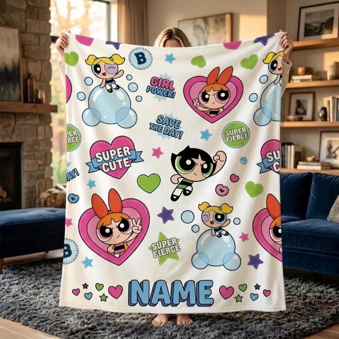 Girl Power Custom Powerpuff Girls Blanket, Personalized Girl Power Badge Throw, Blossom Bubbles Buttercup Blanket, Cute Kids Room Decor