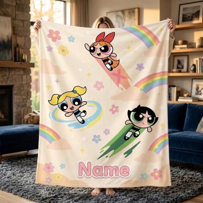 Rainbow Powerpuff Girls Blanket, Personalized Cute Blossom Bubbles Buttercup Cloud Throw, Cream Flannel Fleece, Toddler Bedroom Decor