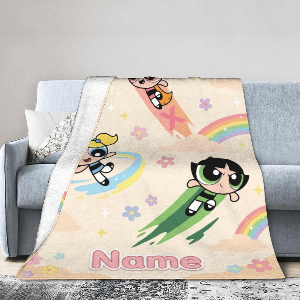 Rainbow Powerpuff Girls Blanket, Personalized Cute Blossom Bubbles Buttercup Cloud Throw, Cream Flannel Fleece, Toddler Bedroom Decor