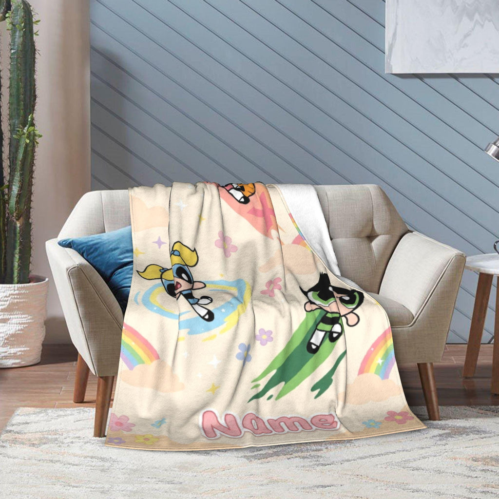 Rainbow Powerpuff Girls Blanket, Personalized Cute Blossom Bubbles Buttercup Cloud Throw, Cream Flannel Fleece, Toddler Bedroom Decor