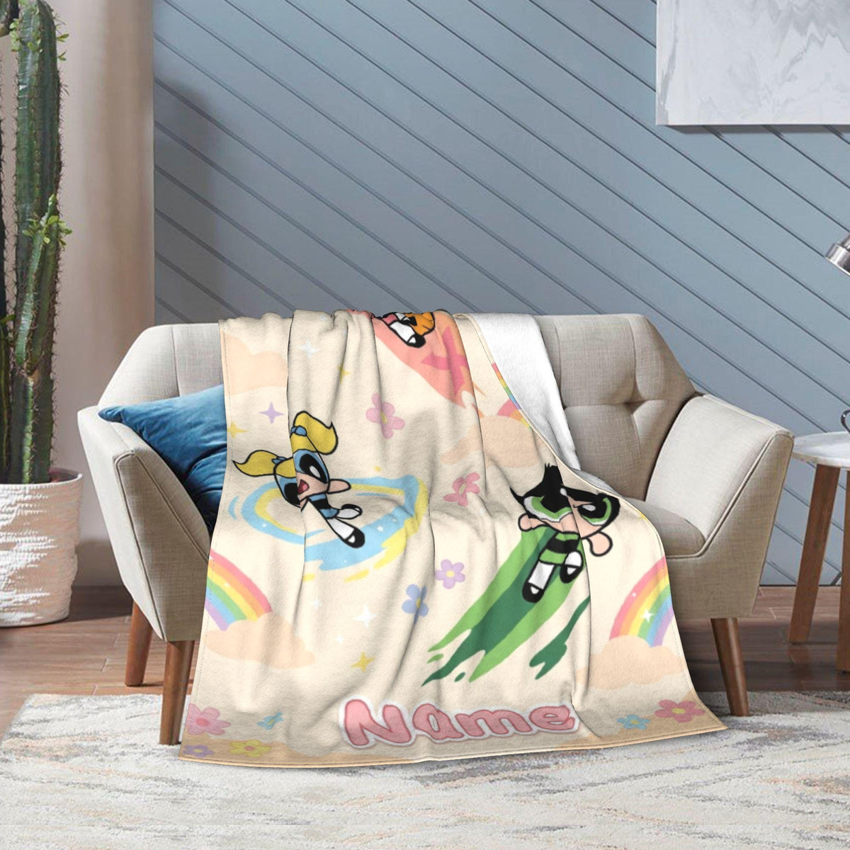 Rainbow Powerpuff Girls Blanket, Personalized Cute Blossom Bubbles Buttercup Cloud Throw, Cream Flannel Fleece, Toddler Bedroom Decor