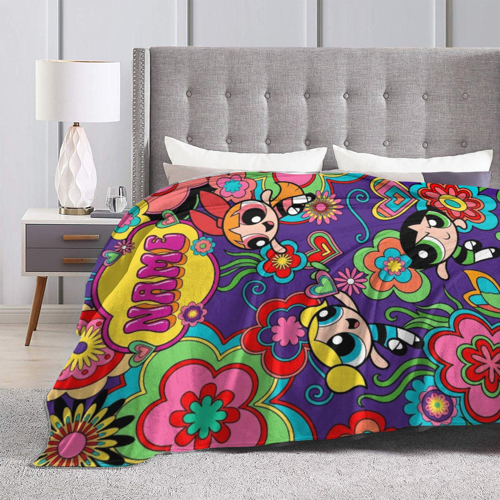 Groovy Retro Powerpuff Girls Blanket, Custom Name 70s Psychedelic Flower Throw, Blossom Bubbles Buttercup Decor, Gift For Girls