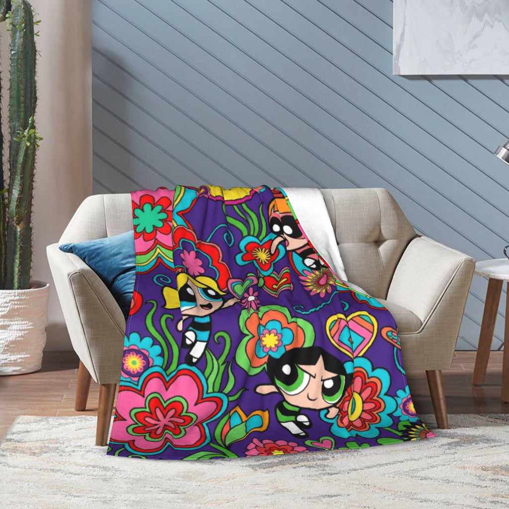 Groovy Retro Powerpuff Girls Blanket, Custom Name 70s Psychedelic Flower Throw, Blossom Bubbles Buttercup Decor, Gift For Girls