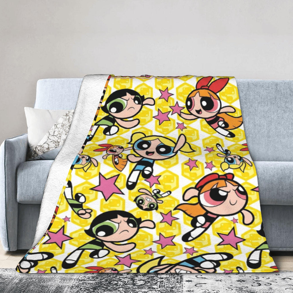 Bright Custom Powerpuff Girls Yellow Blanket, Personalized Honeycomb Stars Pattern Throw, Cute Blossom Bubbles Buttercup Room Decor