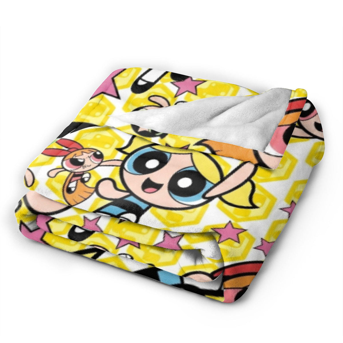 Bright Custom Powerpuff Girls Yellow Blanket, Personalized Honeycomb Stars Pattern Throw, Cute Blossom Bubbles Buttercup Room Decor
