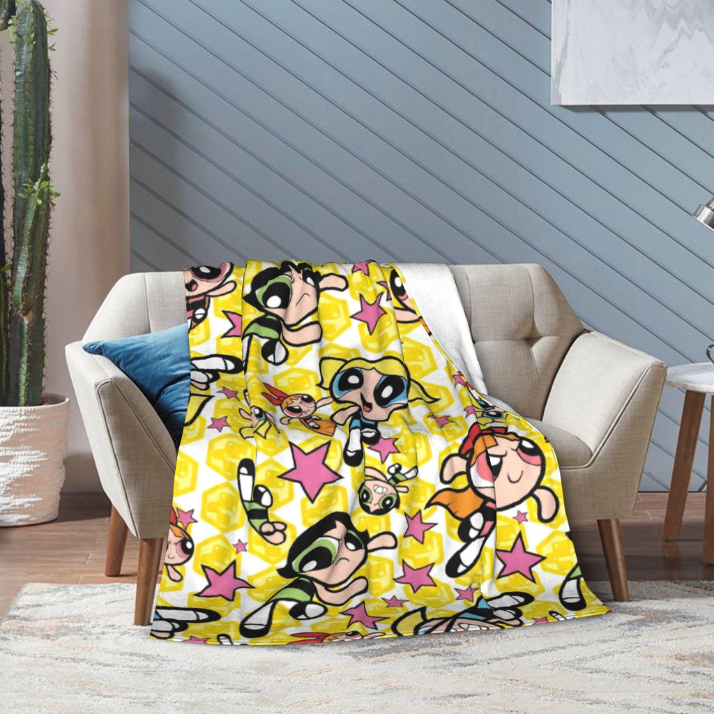 Bright Custom Powerpuff Girls Yellow Blanket, Personalized Honeycomb Stars Pattern Throw, Cute Blossom Bubbles Buttercup Room Decor