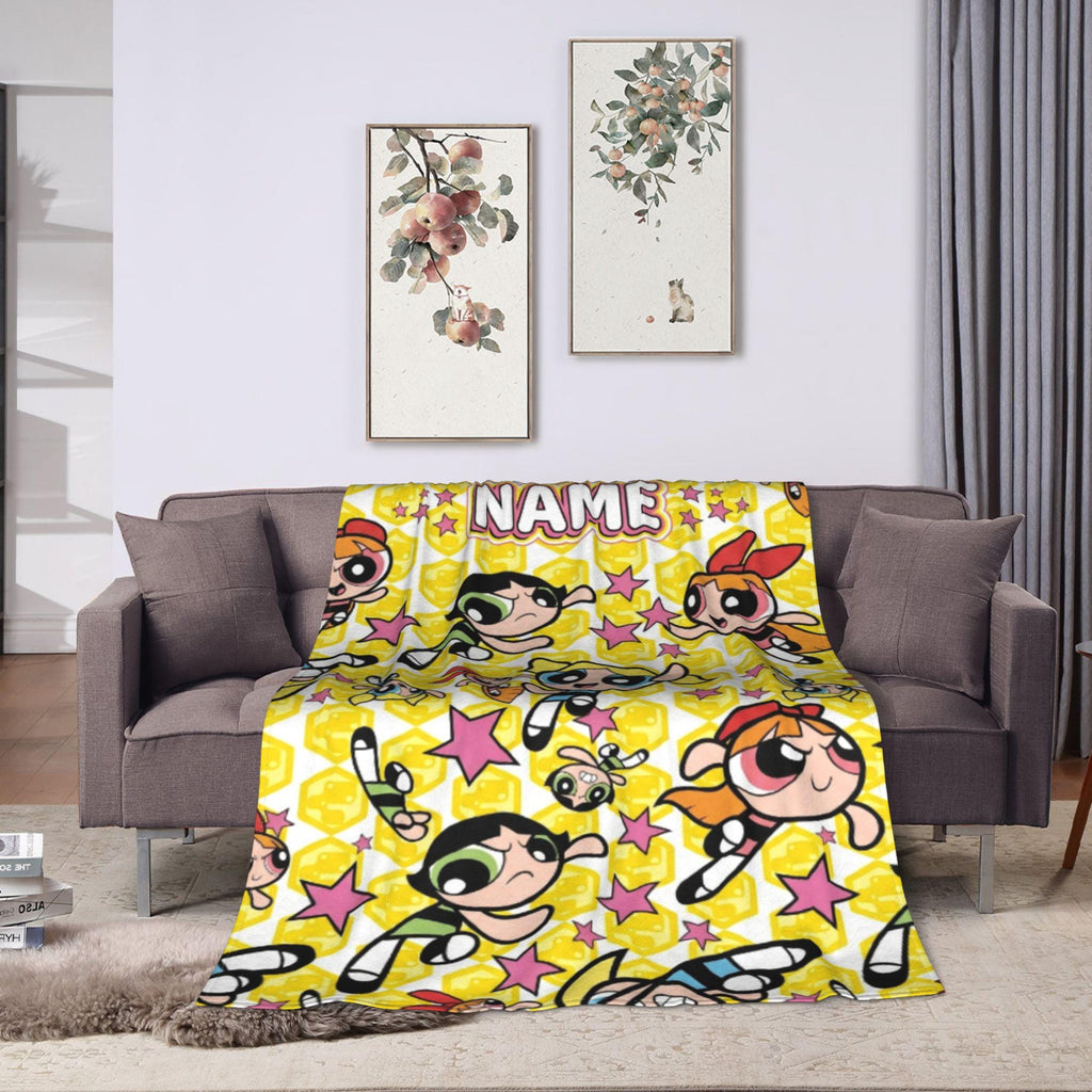 Bright Custom Powerpuff Girls Yellow Blanket, Personalized Honeycomb Stars Pattern Throw, Cute Blossom Bubbles Buttercup Room Decor