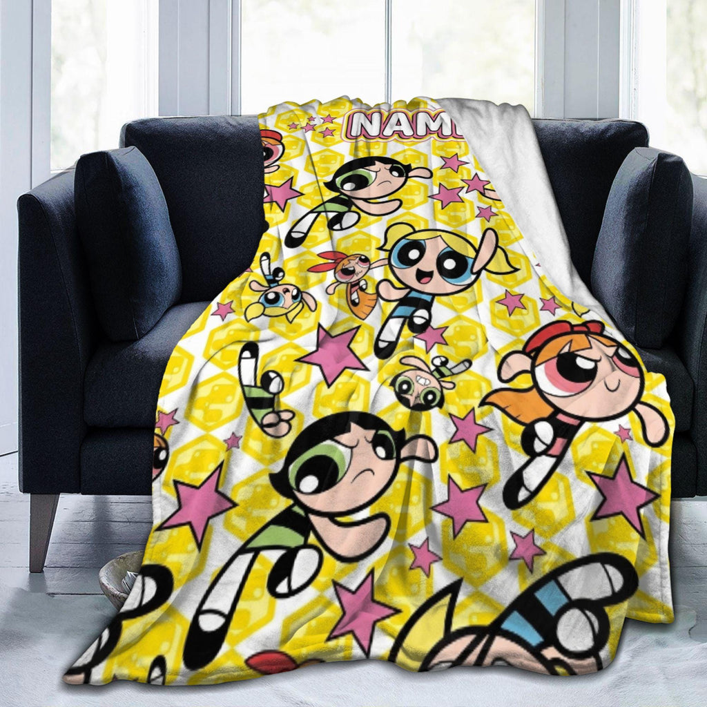 Bright Custom Powerpuff Girls Yellow Blanket, Personalized Honeycomb Stars Pattern Throw, Cute Blossom Bubbles Buttercup Room Decor