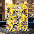 Bright Custom Powerpuff Girls Yellow Blanket, Personalized Honeycomb Stars Pattern Throw, Cute Blossom Bubbles Buttercup Room Decor