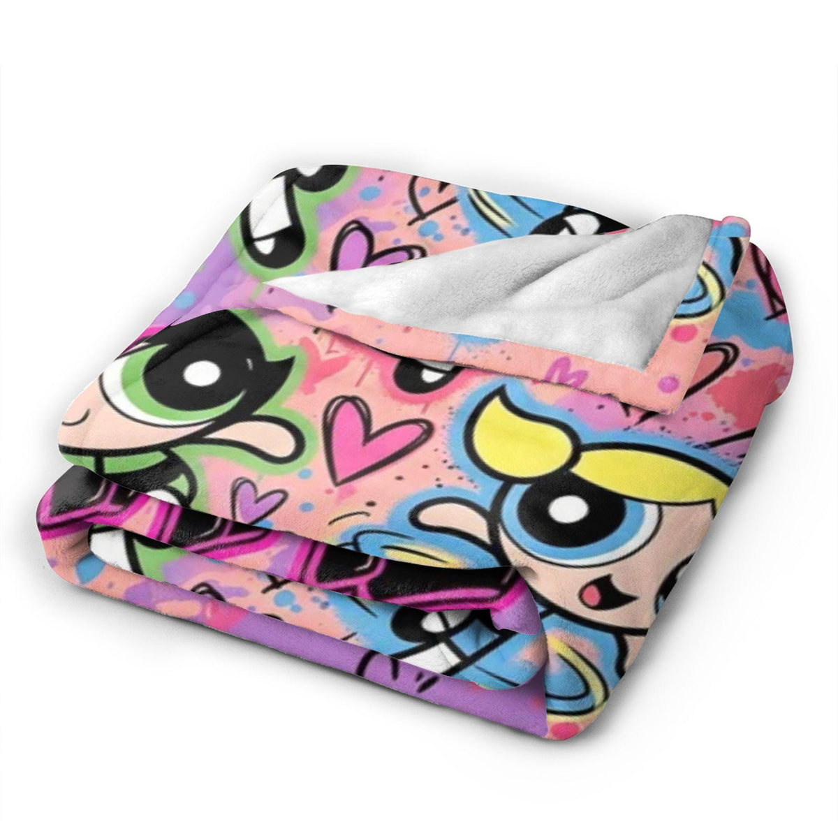 Personalized Powerpuff Girls Graffiti Blanket, Custom Name Pink Purple Hearts Throw, Street Art Blossom Bubbles Buttercup, Cool Girl Gift