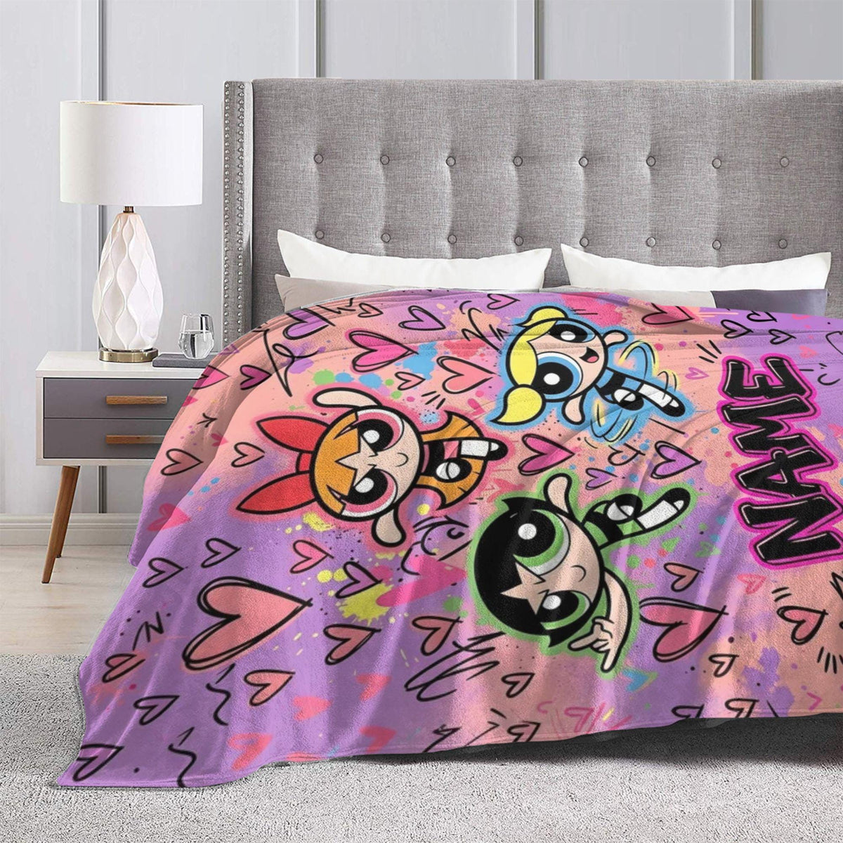 Personalized Powerpuff Girls Graffiti Blanket, Custom Name Pink Purple Hearts Throw, Street Art Blossom Bubbles Buttercup, Cool Girl Gift