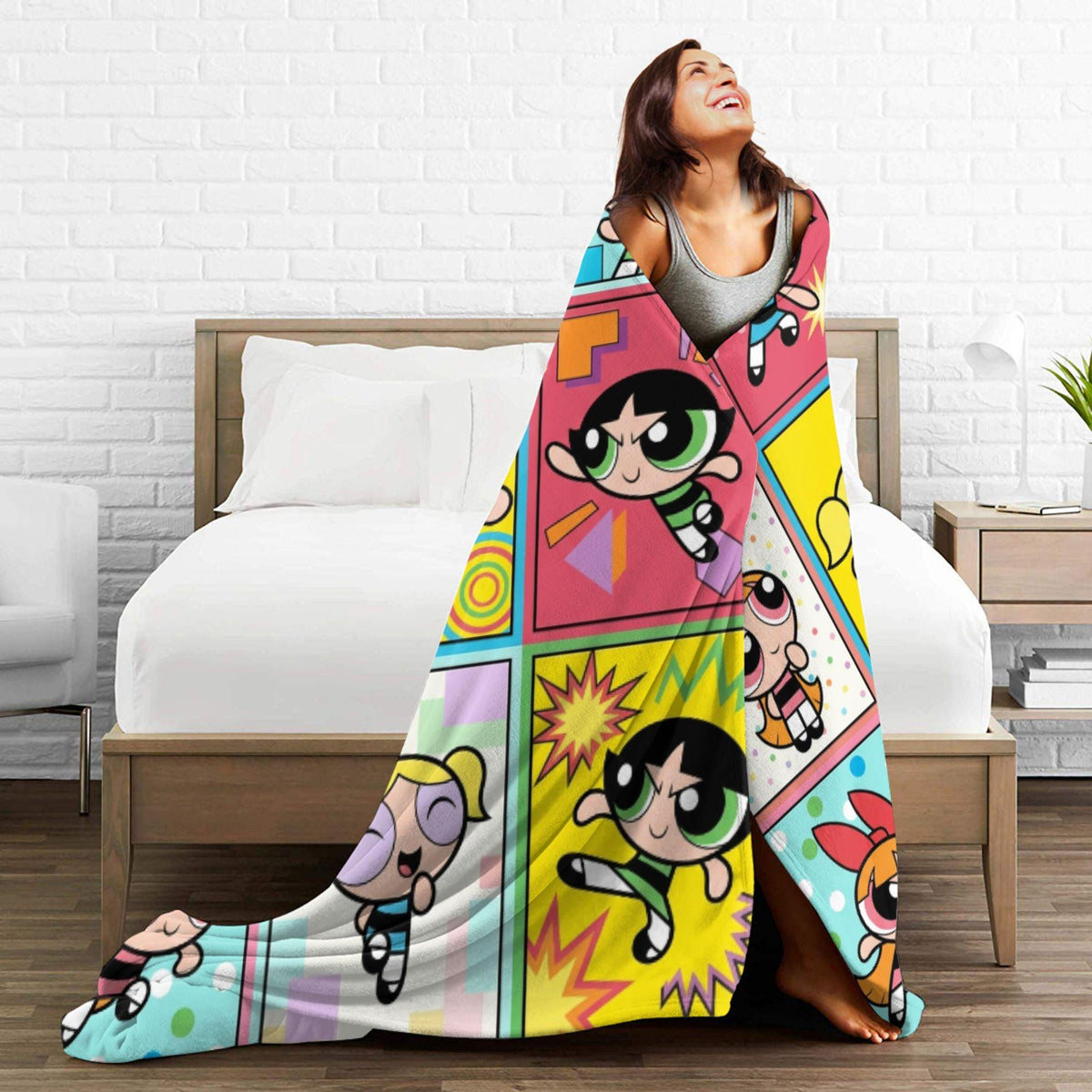 Retro Powerpuff Girls Comic Fleece Blanket, Custom Name Grid Throw