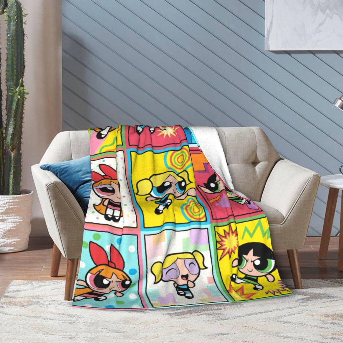 Retro Powerpuff Girls Comic Fleece Blanket, Custom Name Grid Throw