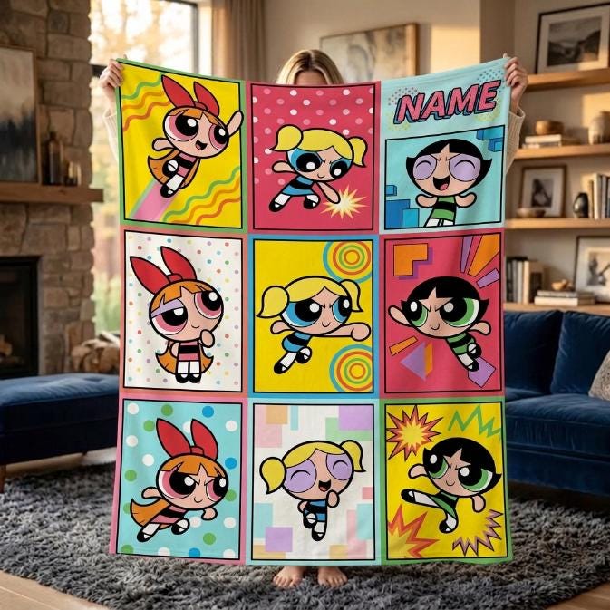 Retro Powerpuff Girls Comic Fleece Blanket, Custom Name Grid Throw