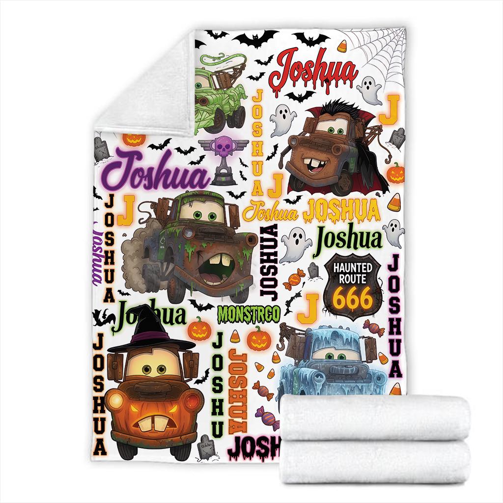 Personalized Halloween Truck Blanket, Custom Name Spooky Mater Blanket, Cute Halloween Gift for Kids Toddler, Custom Tow Truck Fleece Throws