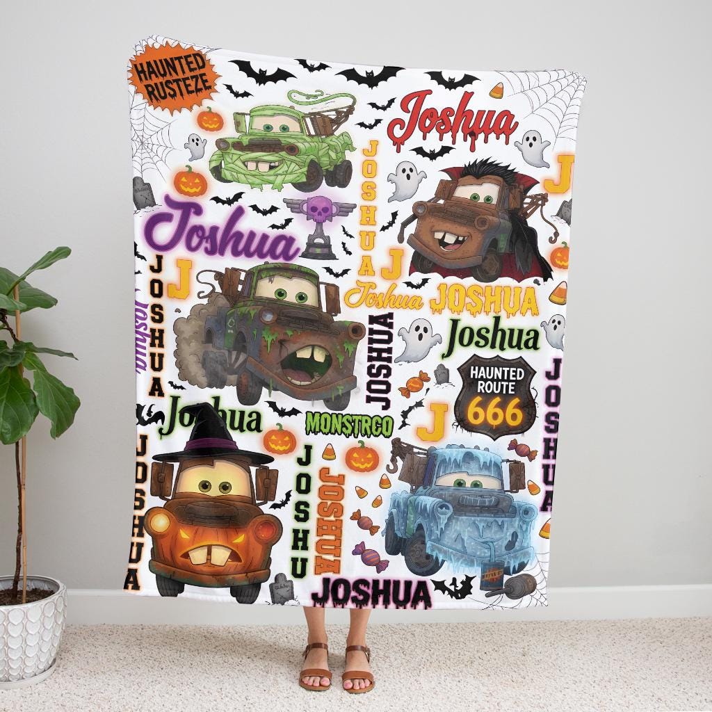 Personalized Halloween Truck Blanket, Custom Name Spooky Mater Blanket, Cute Halloween Gift for Kids Toddler, Custom Tow Truck Fleece Throws