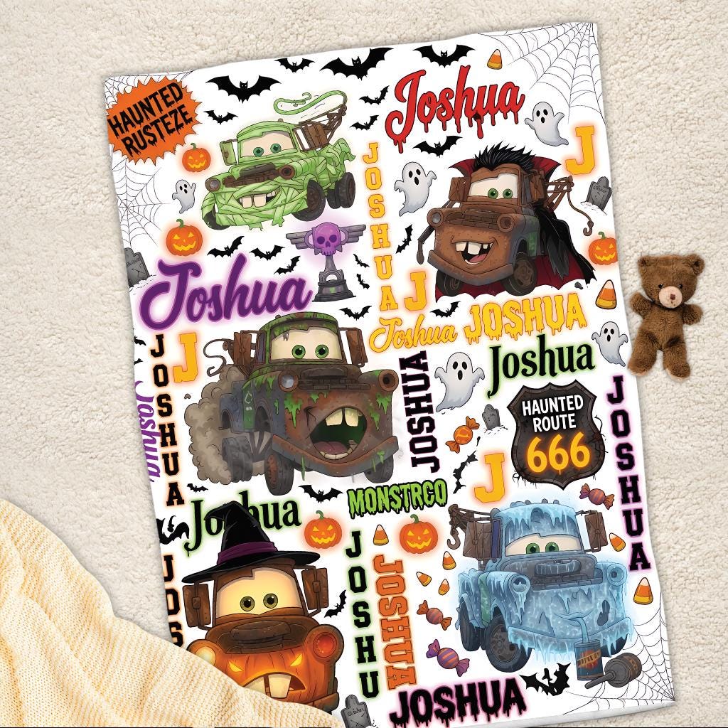 Personalized Halloween Truck Blanket, Custom Name Spooky Mater Blanket, Cute Halloween Gift for Kids Toddler, Custom Tow Truck Fleece Throws