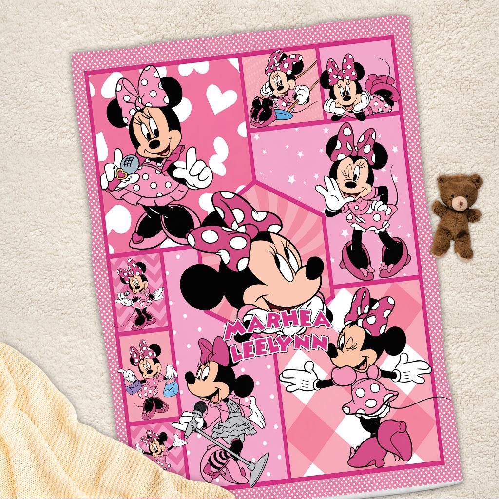 Custom Minnie Mouse Blanket for Girls, Personalized Pink Fleece Throw with Name, Cute Disney Nursery Decor, Toddler Birthday Gift