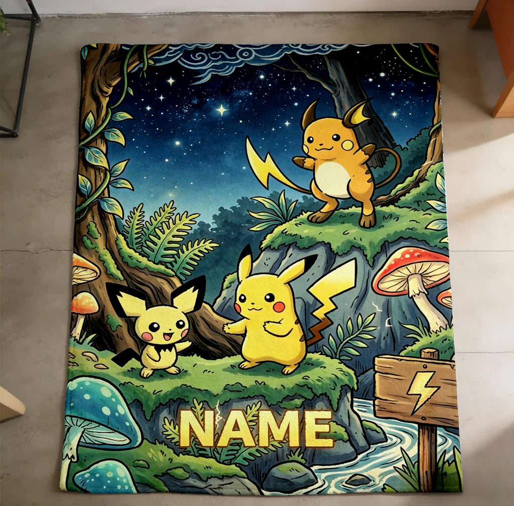 Personalized Pikachu Family Throw Blanket, Custom Name Pokemon Blanket, Kids Anime Gift