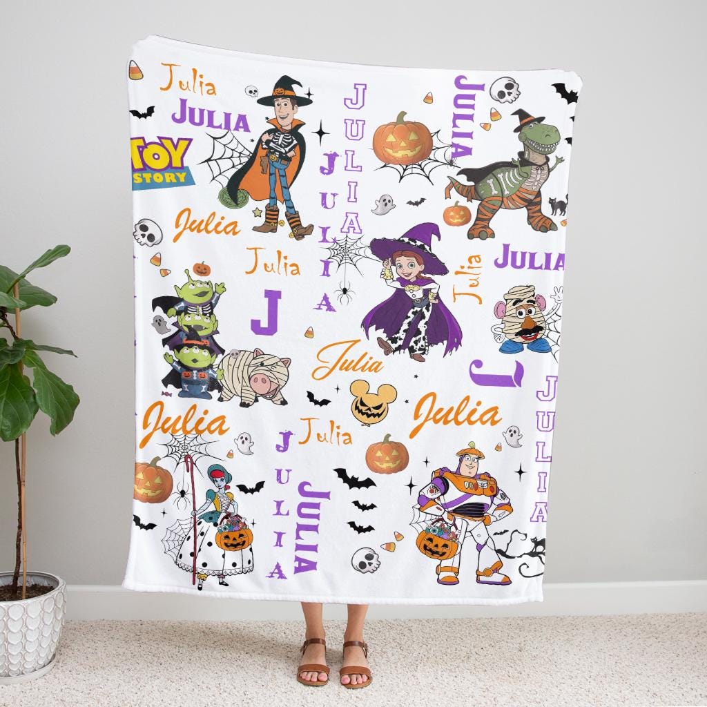 Personalized Halloween Toy Story Blanket, Custom Name Spooky Buzz Woody Blanket, Cute Halloween Gift for Kids Toddler, Fleece Cowboy Throw